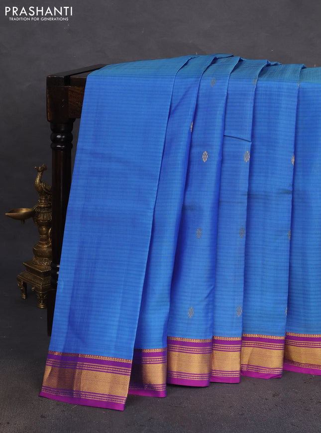 Kanchipuram silk saree cs blue and purple with allover stripes & zari buttas and zari woven border