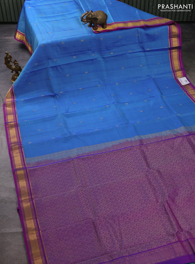 Kanchipuram silk saree cs blue and purple with allover stripes & zari buttas and zari woven border