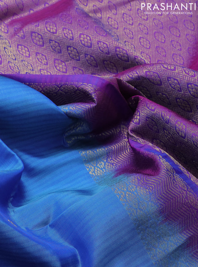Kanchipuram silk saree cs blue and purple with allover stripes & zari buttas and zari woven border