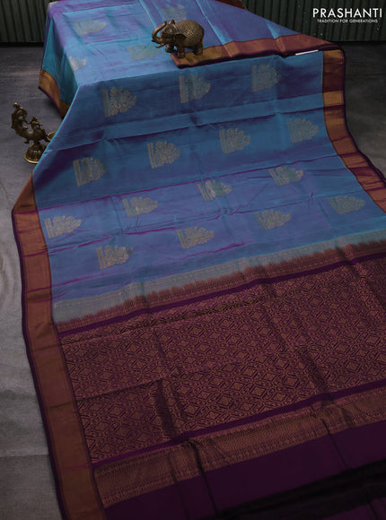Kanchipuram silk saree dual shade of teal and deep purple with annam zari woven buttas and zari woven border