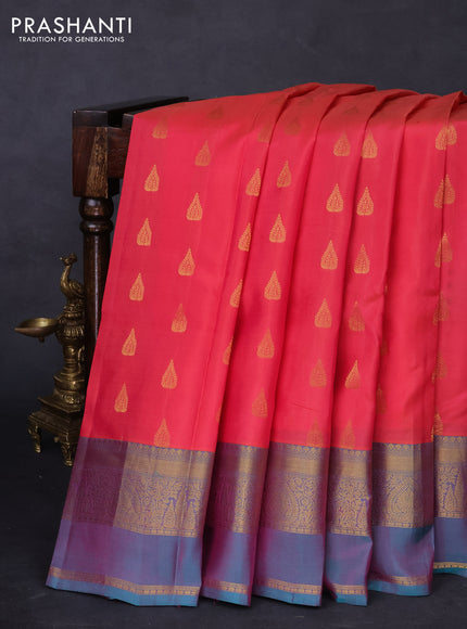 Kanchipuram silk saree peach pink and dual shade of teal green with zari woven buttas and zari woven border
