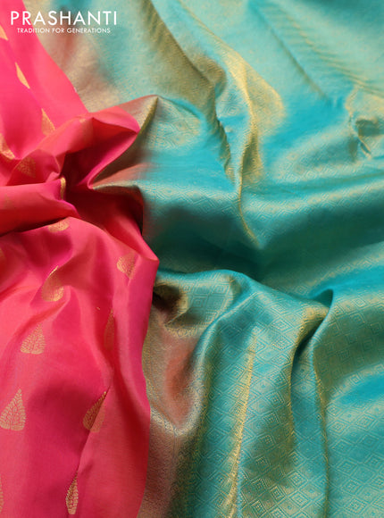 Kanchipuram silk saree peach pink and dual shade of teal green with zari woven buttas and zari woven border