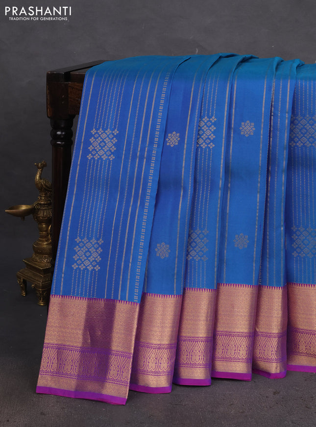 Kanchipuram silk saree cs blue and purple with allover zari weaves and zari woven border