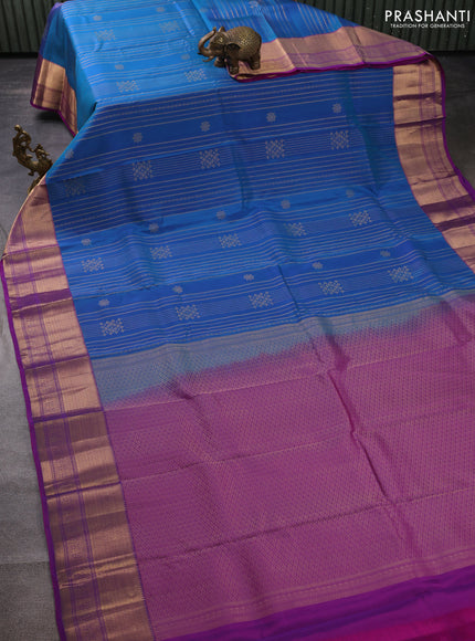 Kanchipuram silk saree cs blue and purple with allover zari weaves and zari woven border