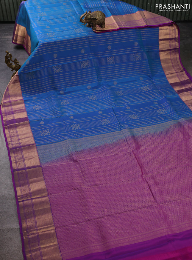 Kanchipuram silk saree cs blue and purple with allover zari weaves and zari woven border