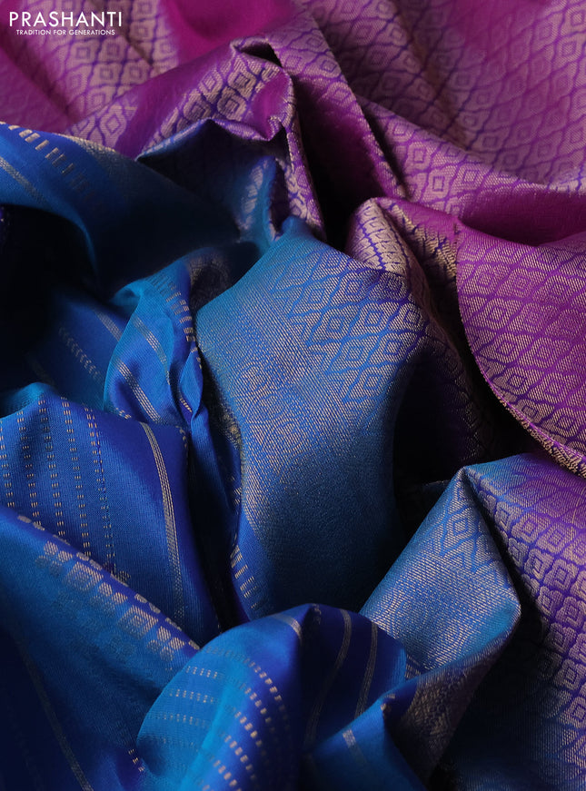 Kanchipuram silk saree cs blue and purple with allover zari weaves and zari woven border