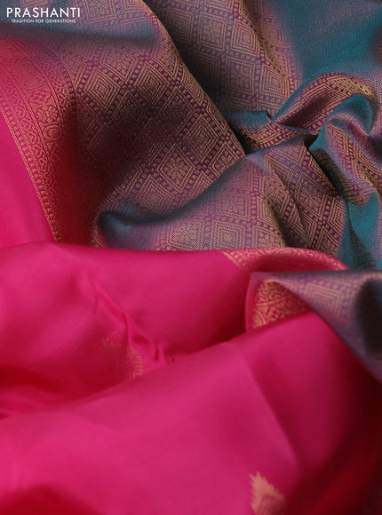 Kanchipuram silk saree pink and dual shade of teal with zari woven buttas and zari woven border