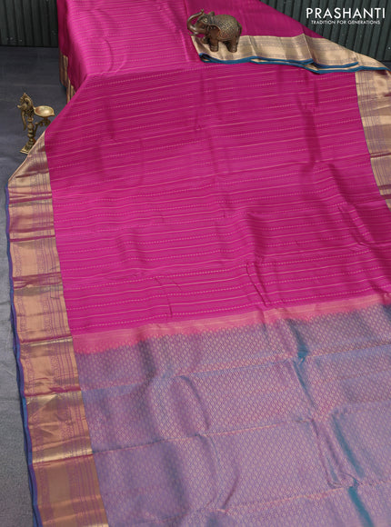 Kanchipuram silk saree pink and dual shade of teal green with allover zari weaves and zari woven border