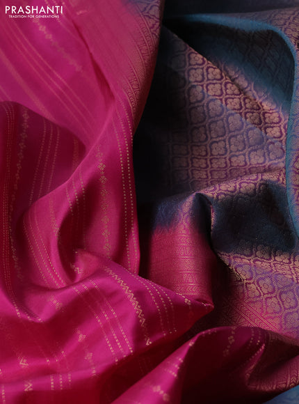 Kanchipuram silk saree pink and dual shade of teal green with allover zari weaves and zari woven border