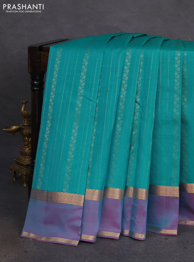 Kanchipuram silk saree teal blue and dual shade of pink with allover zari weaves and rettapet zari woven border