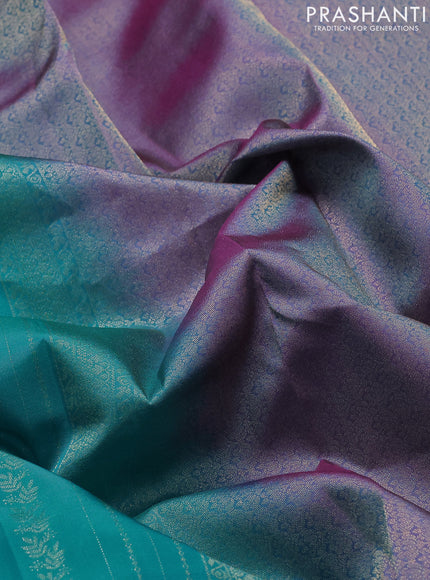 Kanchipuram silk saree teal blue and dual shade of pink with allover zari weaves and rettapet zari woven border