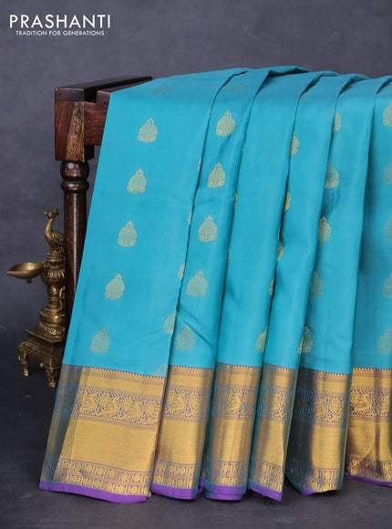 Kanchipuram silk saree teal green and purple with zari woven buttas and zari woven border
