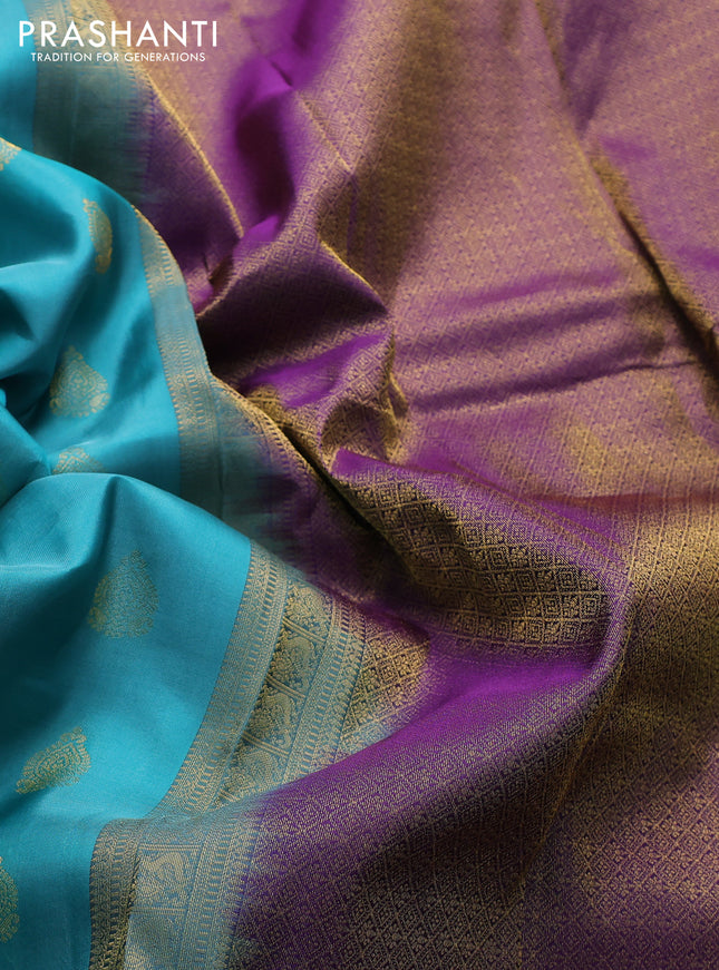 Kanchipuram silk saree teal green and purple with zari woven buttas and zari woven border