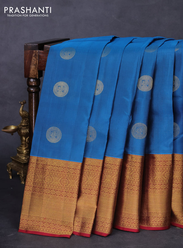 Kanchipuram silk saree cs blue and maroon with zari woven buttas and long zari woven border
