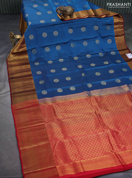 Kanchipuram silk saree cs blue and maroon with zari woven buttas and long zari woven border