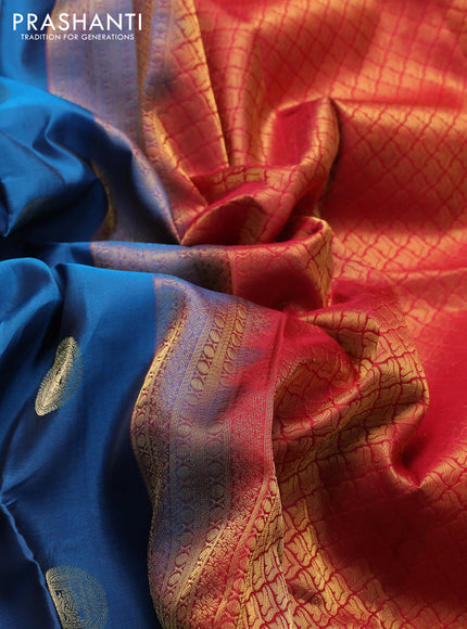 Kanchipuram silk saree cs blue and maroon with zari woven buttas and long zari woven border