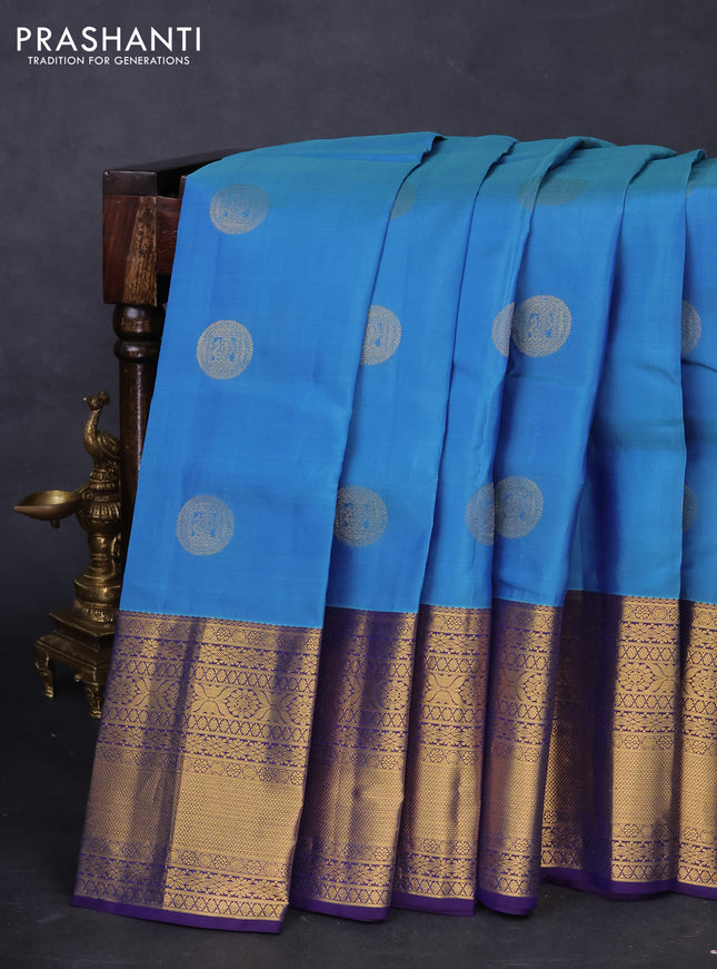 Kanchipuram silk saree pastel blue and wine shade with zari woven buttas and long zari woven border