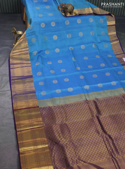Kanchipuram silk saree pastel blue and wine shade with zari woven buttas and long zari woven border
