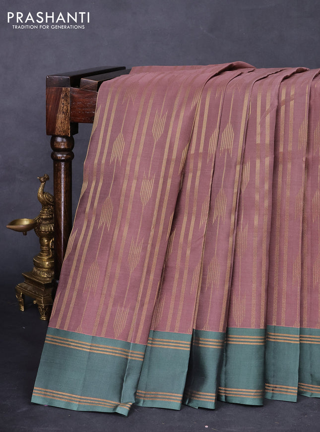Kanchipuram silk saree peach shade and pastel green with allover zari weaves and rettapet zari woven border