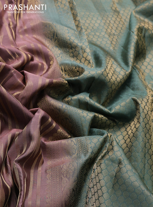 Kanchipuram silk saree peach shade and pastel green with allover zari weaves and rettapet zari woven border