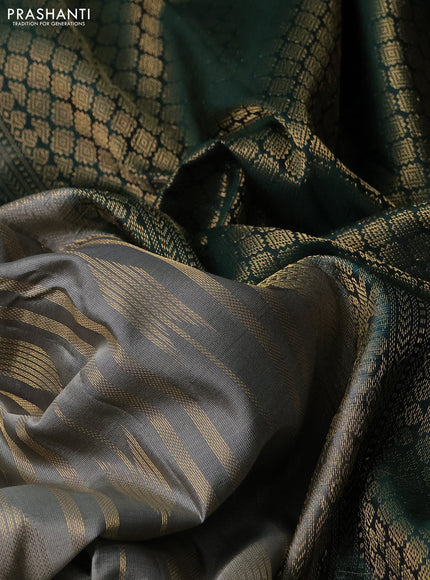 Kanchipuram silk saree grey and dark green with allover zari weaves and rettapet zari woven border