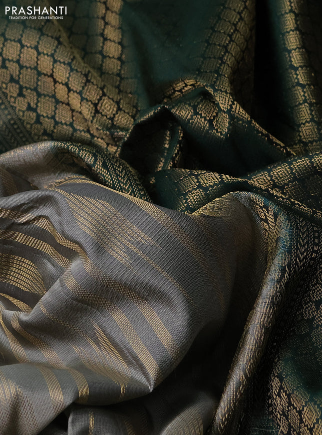 Kanchipuram silk saree grey and dark green with allover zari weaves and rettapet zari woven border