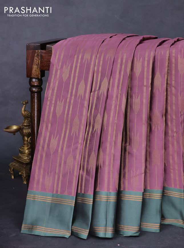 Kanchipuram silk saree mauve pink and pastel green with allover zari weaves and rettapet zari woven border