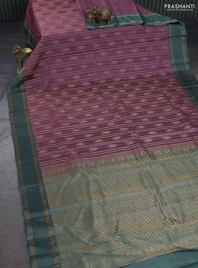 Kanchipuram silk saree mauve pink and pastel green with allover zari weaves and rettapet zari woven border