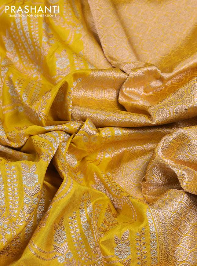 Banarasi uppada silk saree yellow with allover silver & gold zari woven brocade weaves and zari woven border