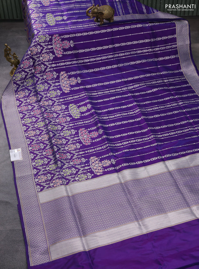 Banarasi uppada silk saree dual shade of bluish purple with allover thread & silver zari woven brocade weaves and silver zari woven border