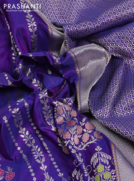 Banarasi uppada silk saree dual shade of bluish purple with allover thread & silver zari woven brocade weaves and silver zari woven border