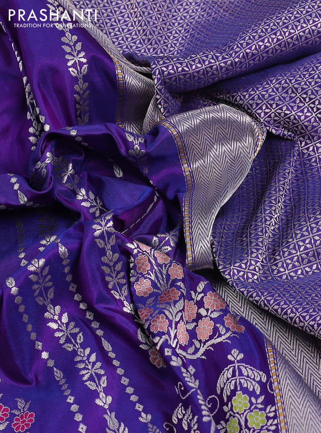 Banarasi uppada silk saree dual shade of bluish purple with allover thread & silver zari woven brocade weaves and silver zari woven border