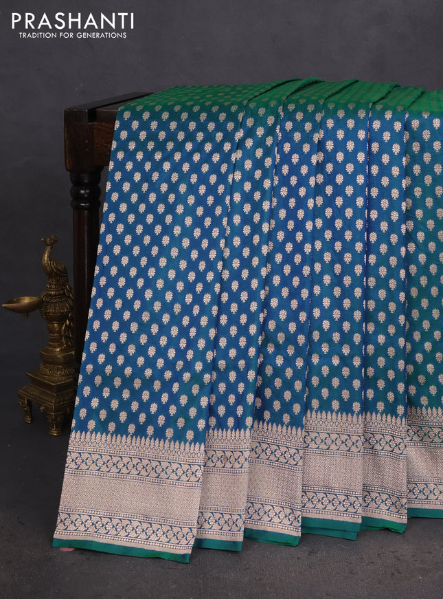 Banarasi uppada silk saree dual shade of bluish green with allover zari woven buttas and zari woven border
