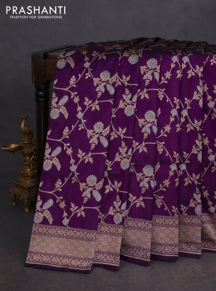 Banarasi uppada silk saree purple with allover silver & gold zari woven floral brocade weaves and zari woven border