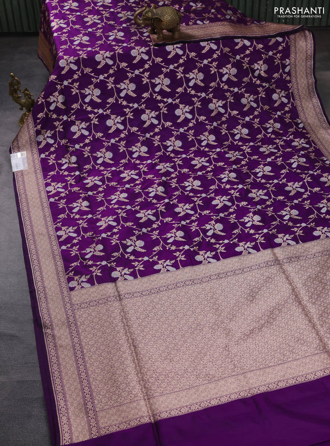 Banarasi uppada silk saree purple with allover silver & gold zari woven floral brocade weaves and zari woven border
