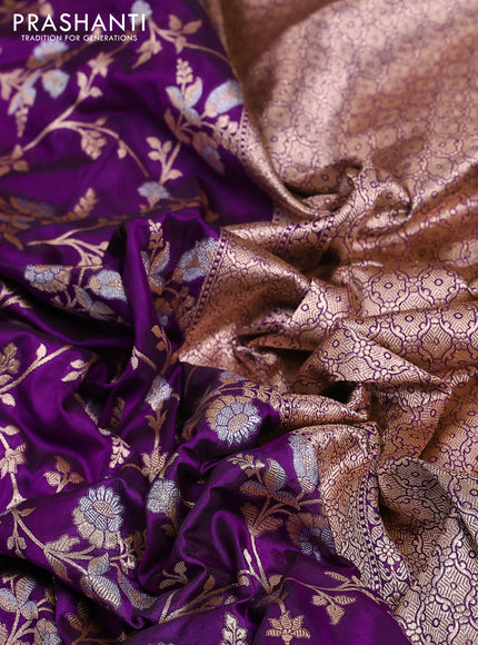 Banarasi uppada silk saree purple with allover silver & gold zari woven floral brocade weaves and zari woven border