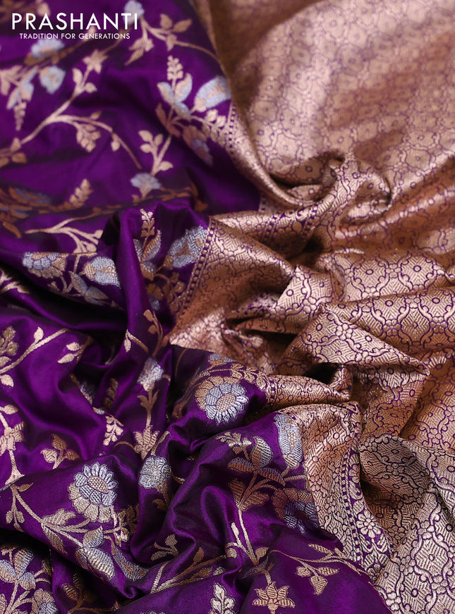 Banarasi uppada silk saree purple with allover silver & gold zari woven floral brocade weaves and zari woven border