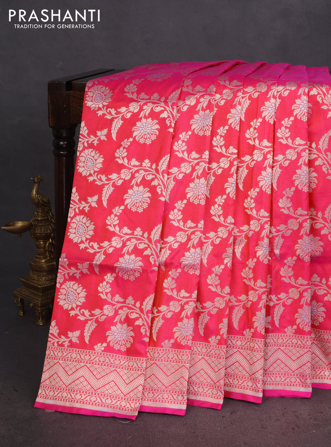 Banarasi uppada silk saree candy pink with allover zari woven floral brocade weaves and zari woven border
