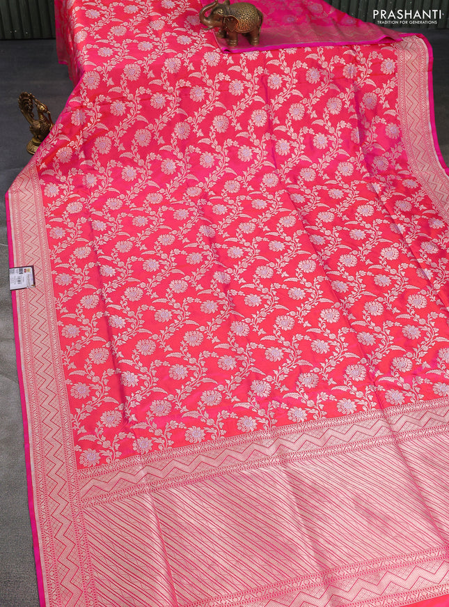 Banarasi uppada silk saree candy pink with allover zari woven floral brocade weaves and zari woven border