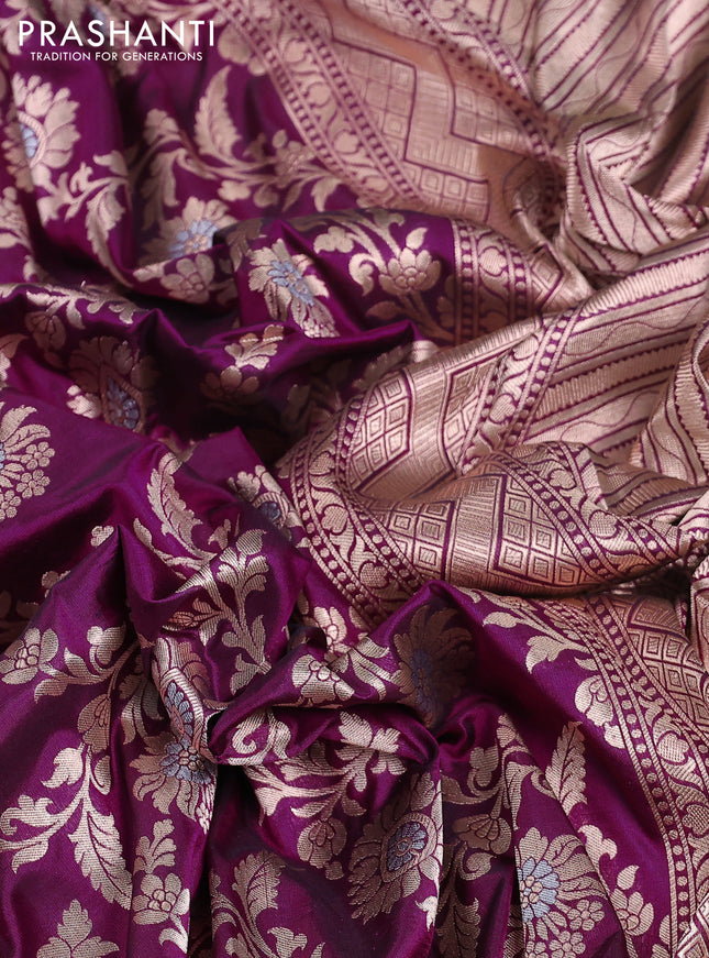 Banarasi uppada silk saree dark magenta pink with allover zari woven brocade weaves and zari woven border
