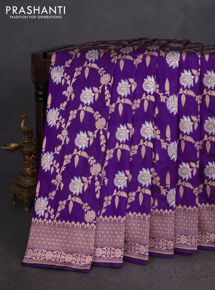 Banarasi uppada silk saree purple with allover silver & gold zari woven floral brocade weaves and zari woven border