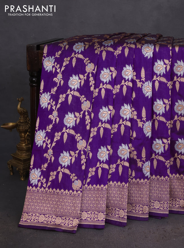 Banarasi uppada silk saree purple with allover silver & gold zari woven floral brocade weaves and zari woven border
