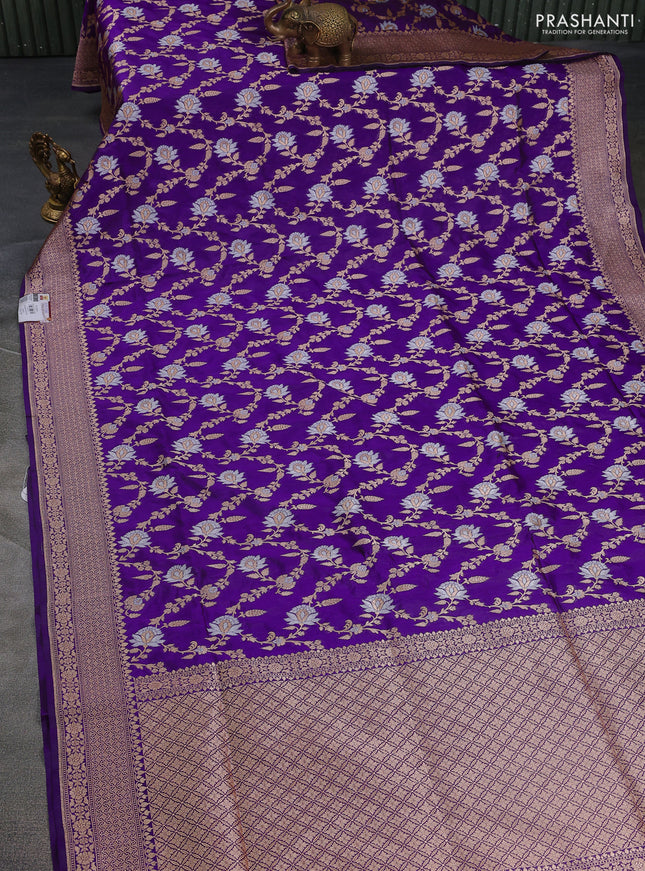 Banarasi uppada silk saree purple with allover silver & gold zari woven floral brocade weaves and zari woven border