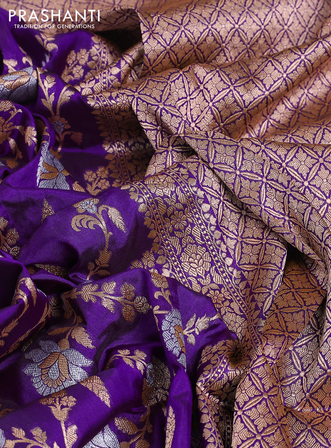Banarasi uppada silk saree purple with allover silver & gold zari woven floral brocade weaves and zari woven border