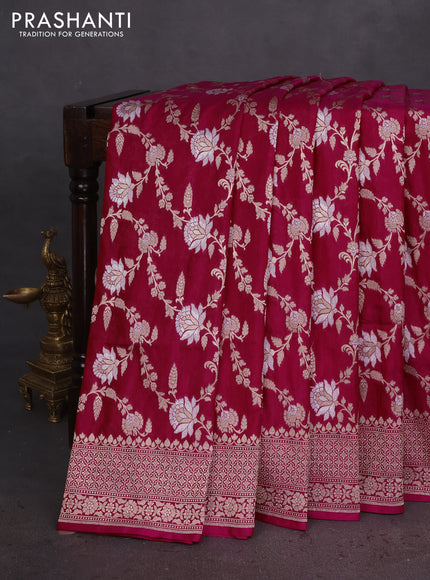 Banarasi uppada silk saree pink with allover silver & gold zari woven floral brocade weaves and zari woven border