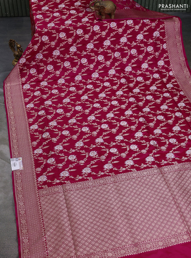 Banarasi uppada silk saree pink with allover silver & gold zari woven floral brocade weaves and zari woven border