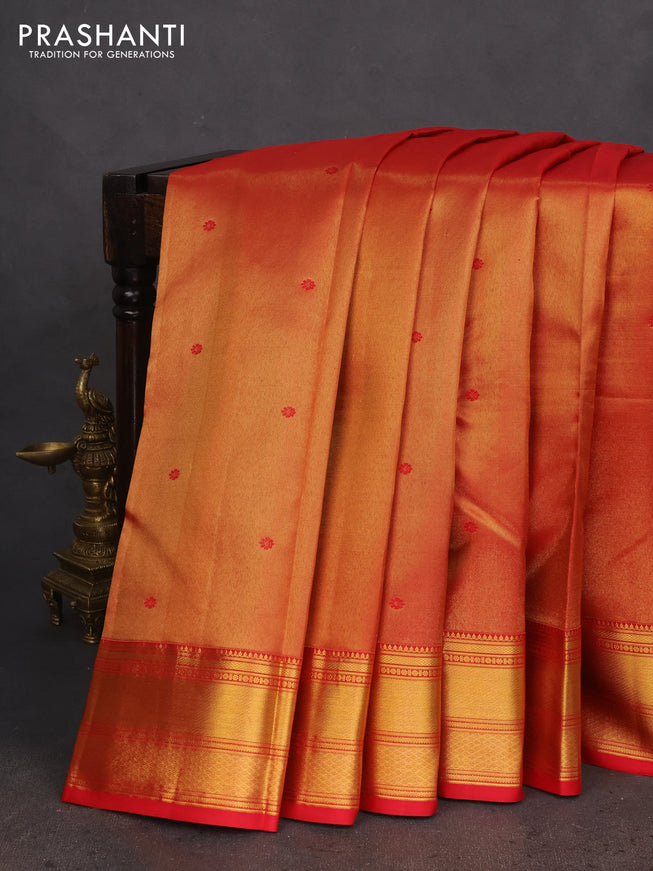 Pure kanchipuram tissue silk saree red with allover zari woven brocade weaves and zari woven border