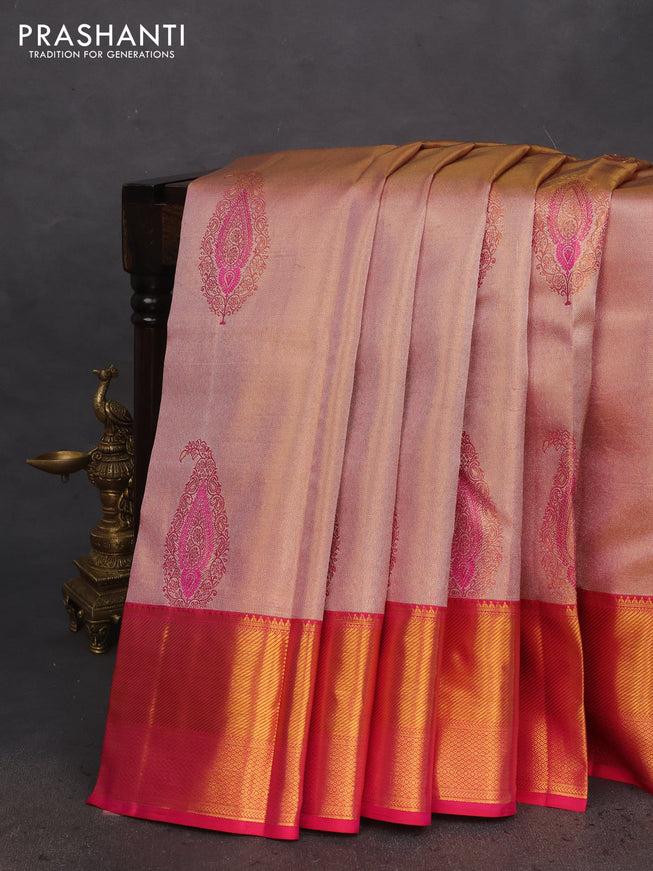 Pure kanchipuram tissue silk saree pastel pink and pink with allover zari woven brocade weaves and zari woven border