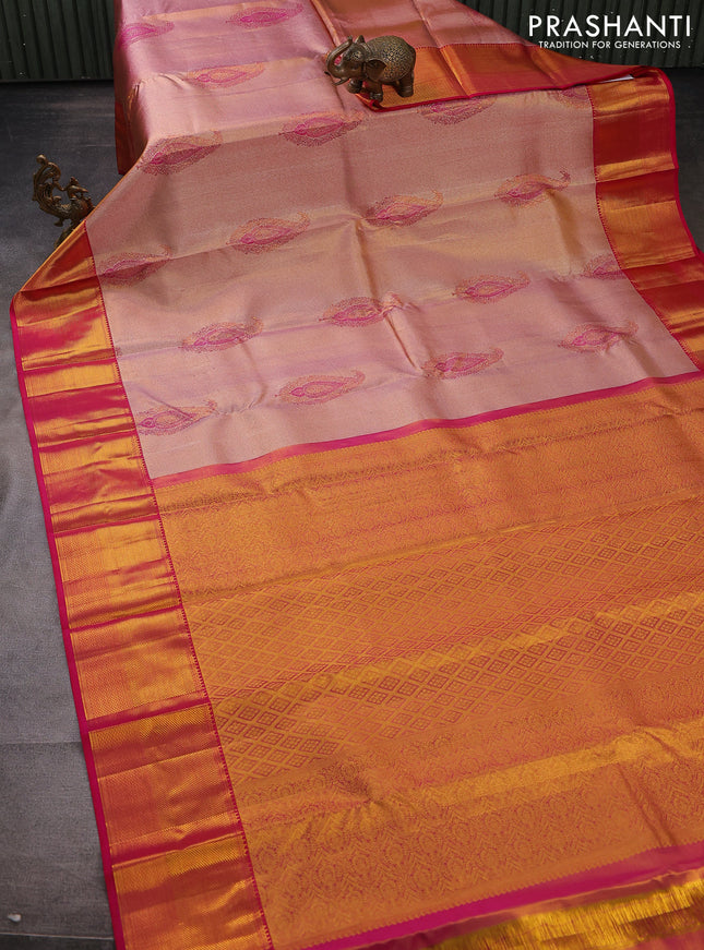 Pure kanchipuram tissue silk saree pastel pink and pink with allover zari woven brocade weaves and zari woven border