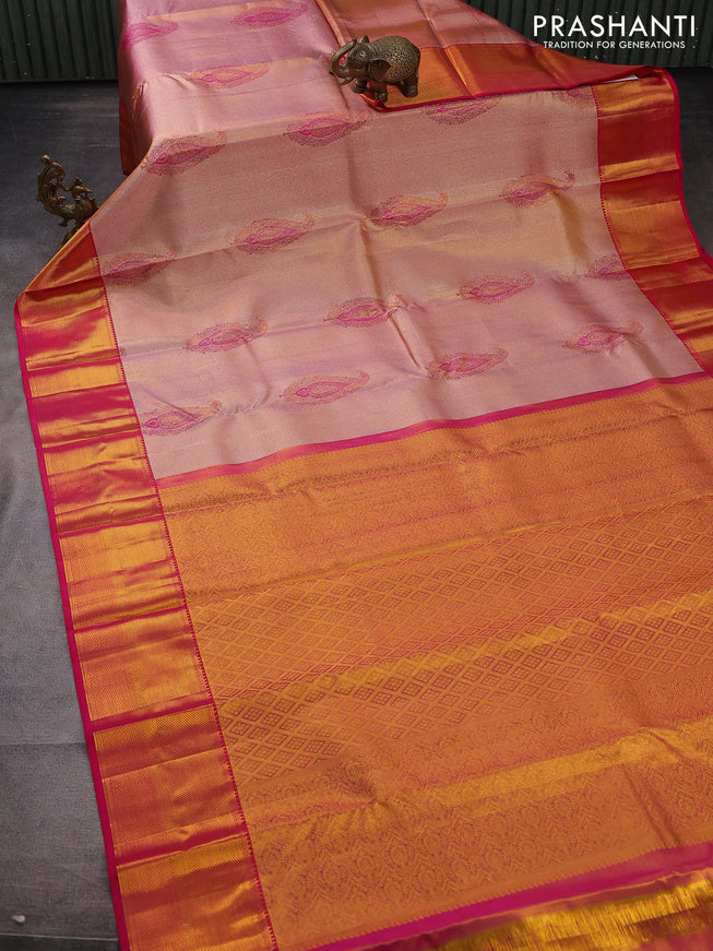 Pure kanchipuram tissue silk saree pastel pink and pink with allover zari woven brocade weaves and zari woven border